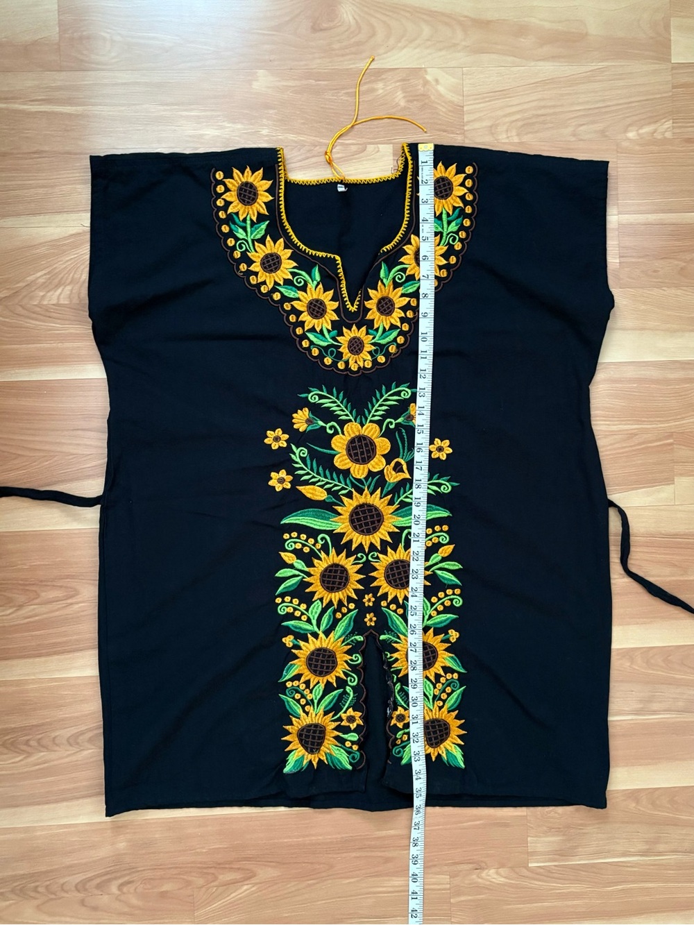 Vintage Mexican Black Embroidered Sunflower Tunic Dress Boho Folk Art Size S-XL - Picture 7 of 14